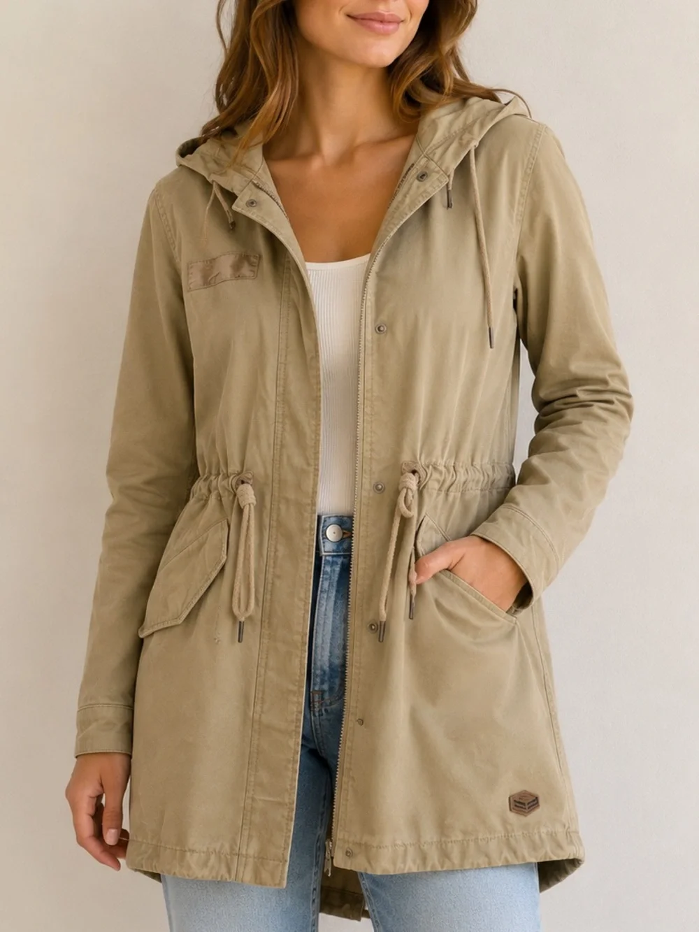 Only Tan Hooded Utility Anorak Jacket Zip Front Drawstring Waist XS - Picture 1 of 10